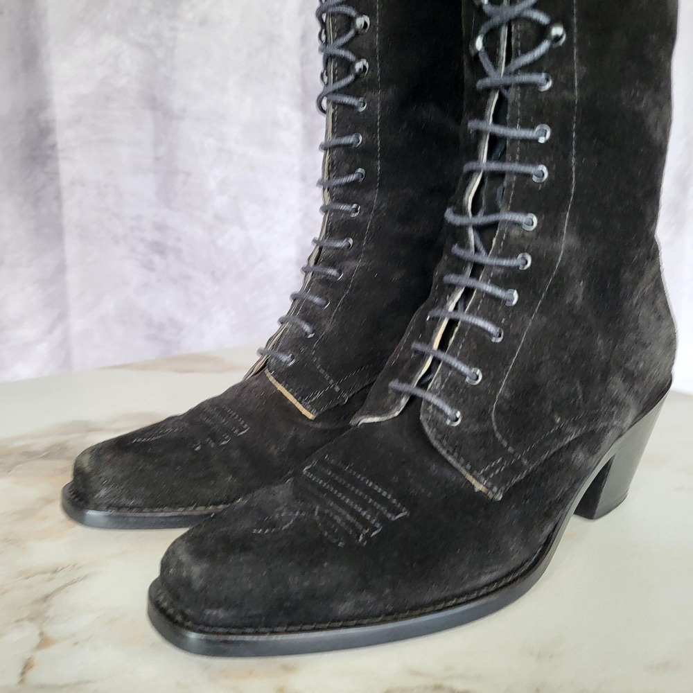 Joan David Tall Lace Up Black Suede Western Boots Womens Size 38 Square Toe - Picture 6 of 16
